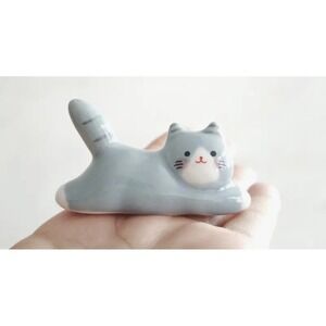 Cute Gray White Ceramic‎ Cat Kitten Figurine Kawaii-New